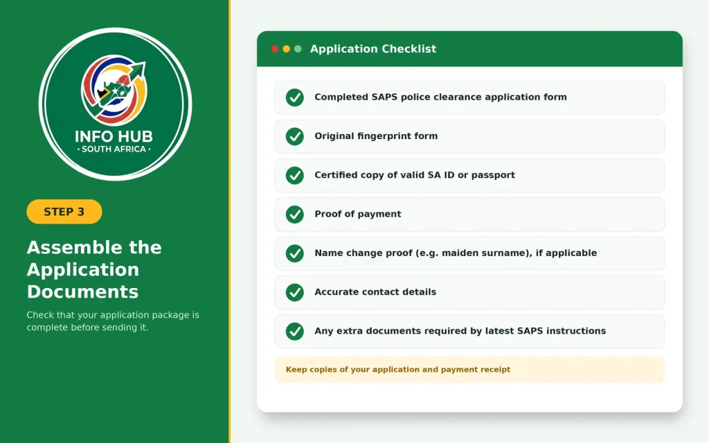 Required documents for a South African police clearance certificate application, including the fingerprint form, identification and proof of payment.
