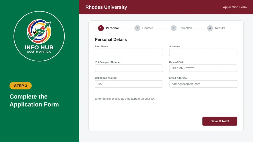 Completing the Rhodes University online application form with personal details and academic information.