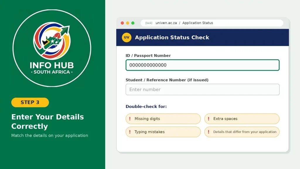 Entering applicant details on the official UNIVEN application status check page