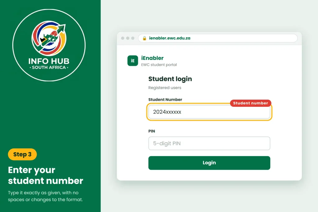 EWC student portal login screen with student number field
