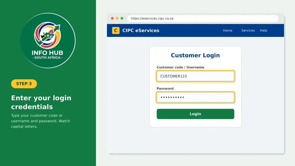Enter CIPC customer code or username and password