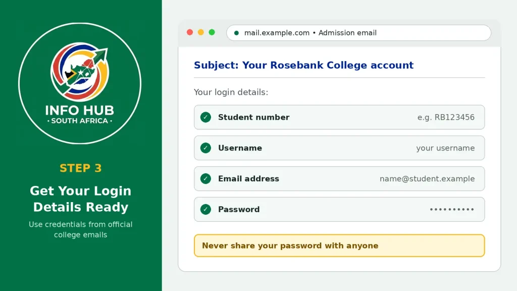 Student preparing their student number, username and admission email before accessing the Rosebank College student portal.