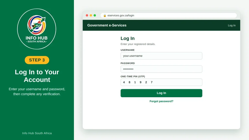 Logging in to the e-Services portal using registered account credentials.