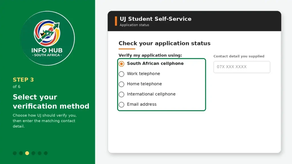 UJ status verification page showing cellphone telephone and email verification options