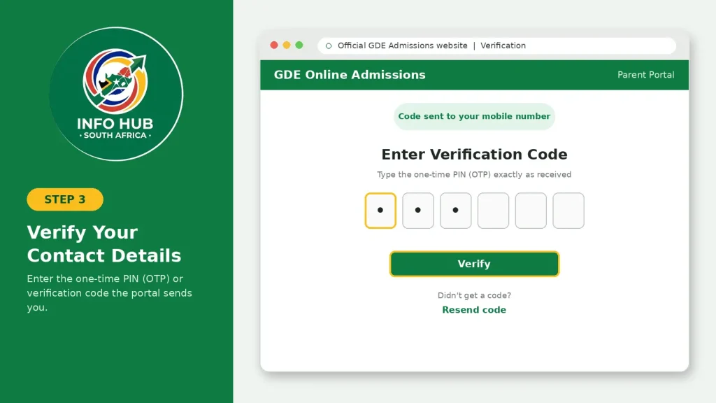 GDE parent registration contact verification step using an OTP or verification code