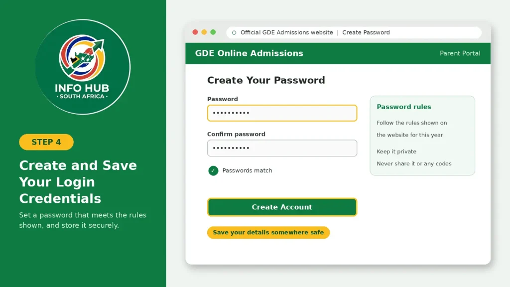GDE parent registration page for creating a secure password and saving login credentials