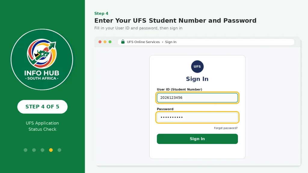 UFS status check login screen for entering student number and password.