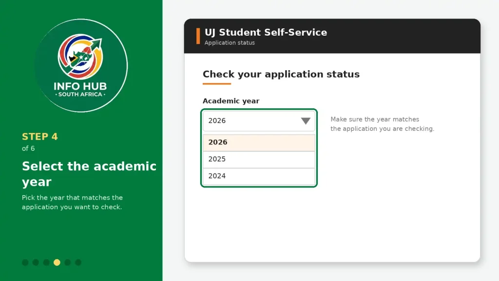 University of Johannesburg application status portal showing academic year selection