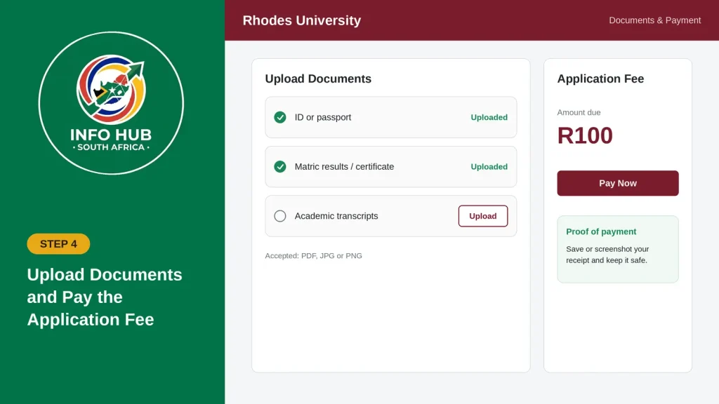 Uploading identification documents, matric results and academic transcripts for a Rhodes University application.