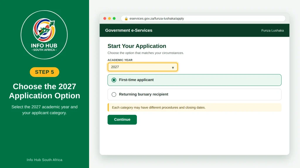 Selecting the Funza Lushaka Bursary 2027 application option for new or returning applicants.