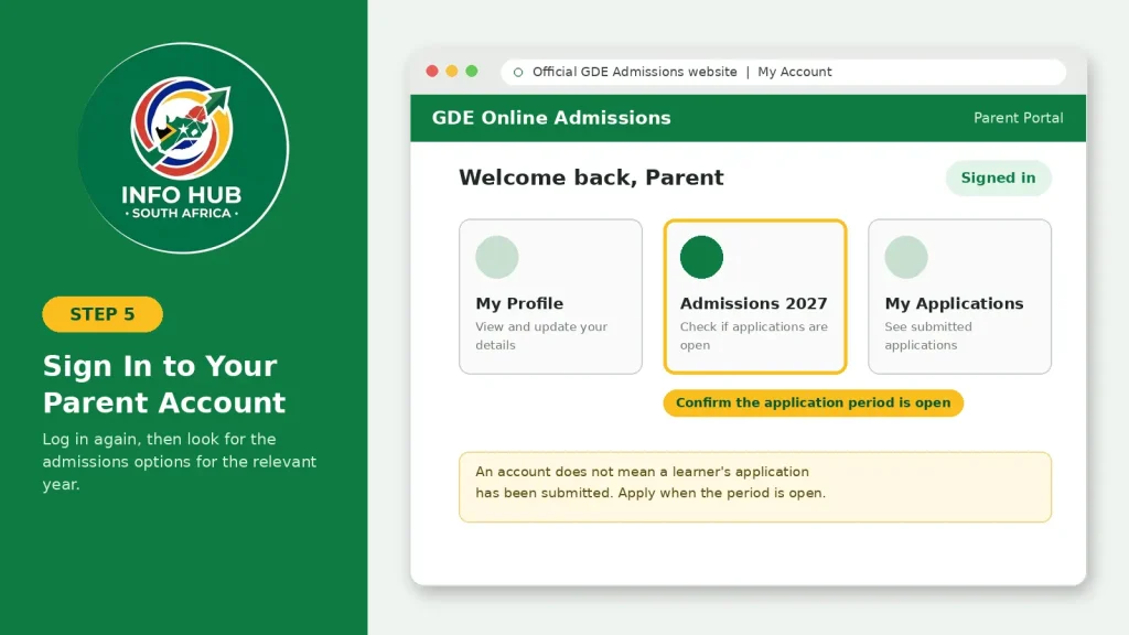 GDE parent login page for accessing the online school admissions account