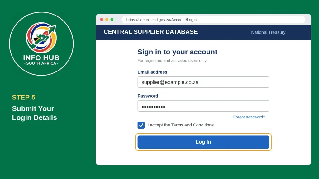 CSD login page showing the Log In button to submit registered account credentials.