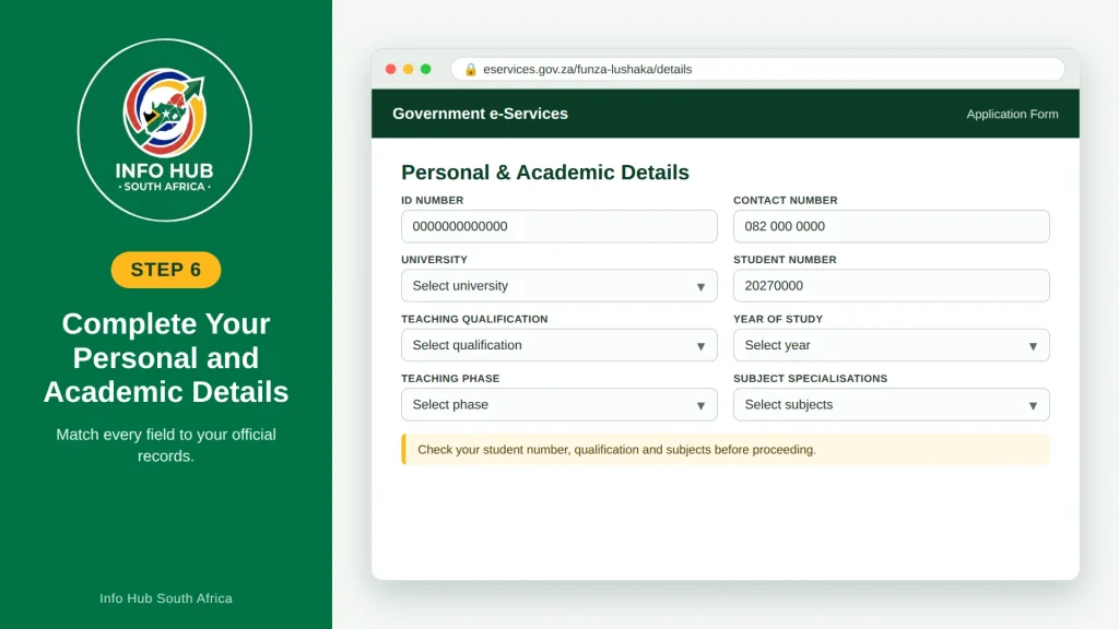 Completing personal details, university information, teaching qualifications and subject specialisations on the application form.
