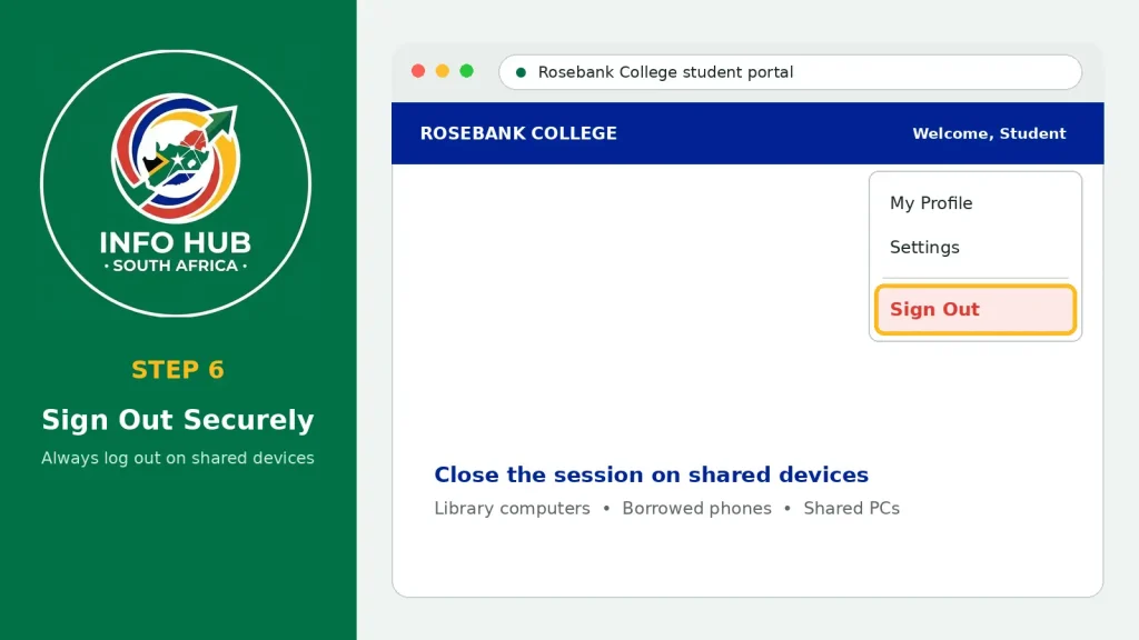 Student signing out of the Rosebank College student portal on a laptop after completing their online tasks.