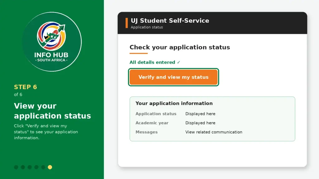 UJ Student Self-Service portal showing the Verify and View My Status option